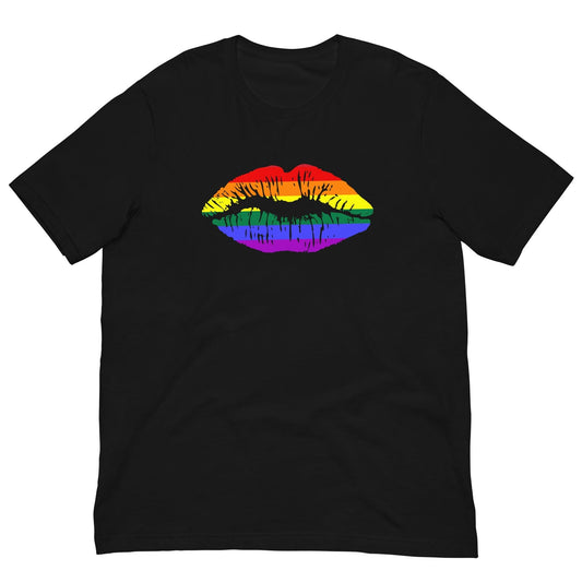 Black rainbow lips graphic T-shirt, short sleeve crew neck