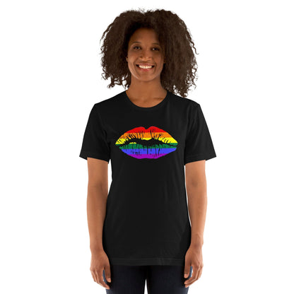Black rainbow lips graphic T-shirt on model, short sleeve crew neck