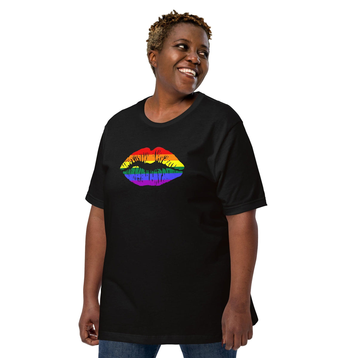 Black rainbow lips graphic T-shirt on model, short sleeve crew neck