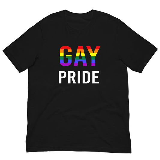 Black T-shirt with “GAY PRIDE” text; rainbow “GAY” above white “PRIDE” print.