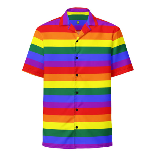 Rainbow striped unisex button-up short-sleeve shirt with spread collar and dark buttons