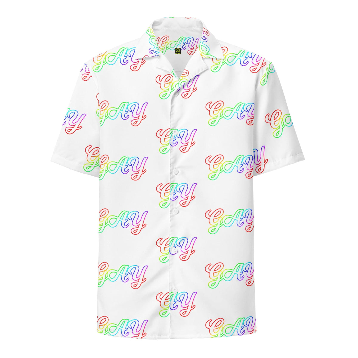 White short-sleeve button shirt with multicolor 'gay' script pattern