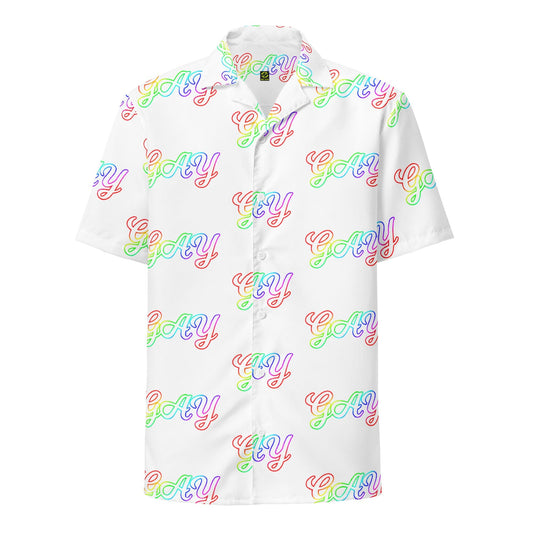 White short-sleeve button shirt with multicolor 'gay' script pattern