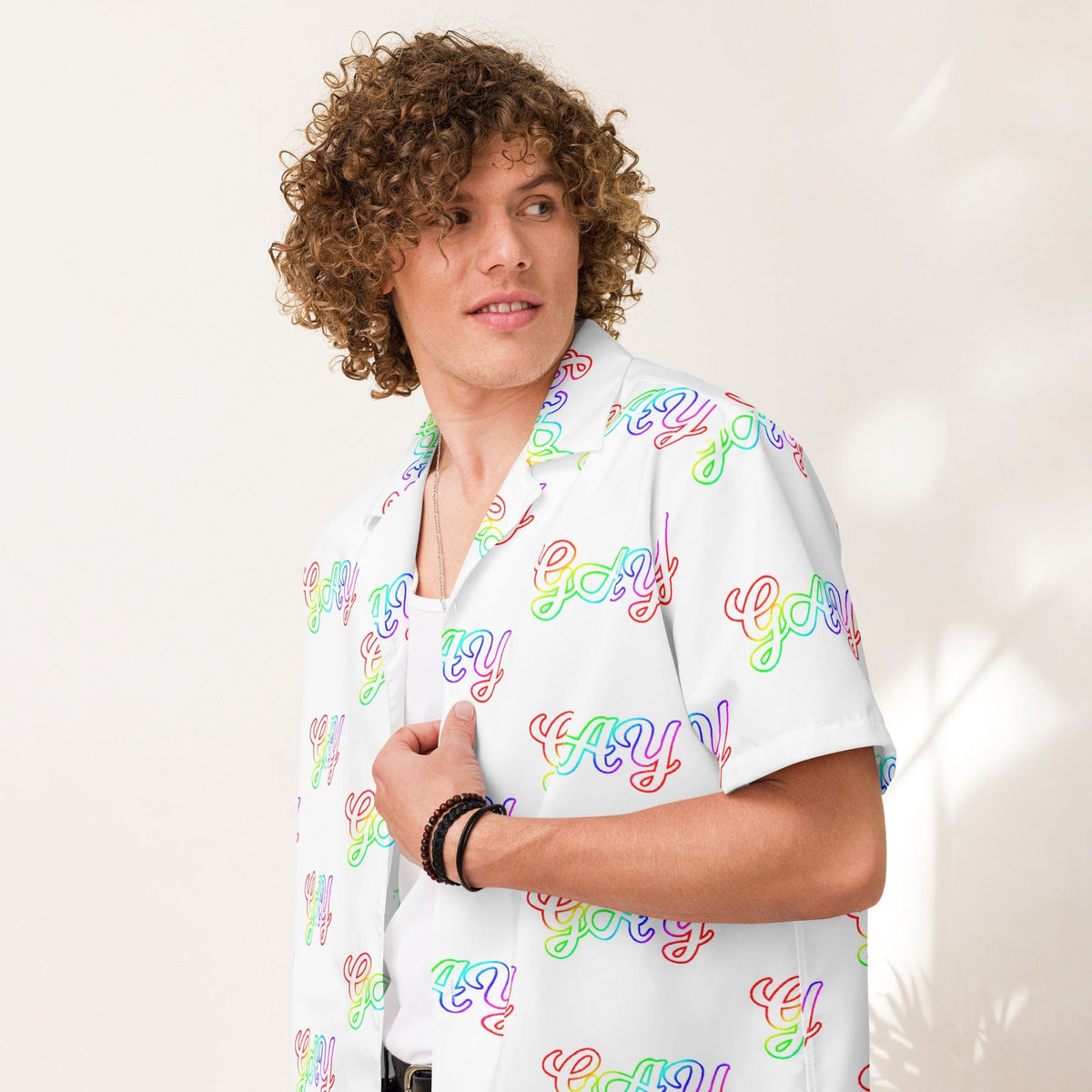 White short-sleeve button shirt with 'gay' script pattern and chest opening
