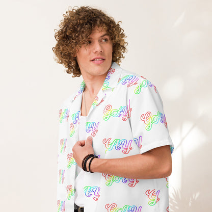 White short-sleeve button shirt with 'gay' script pattern and chest opening