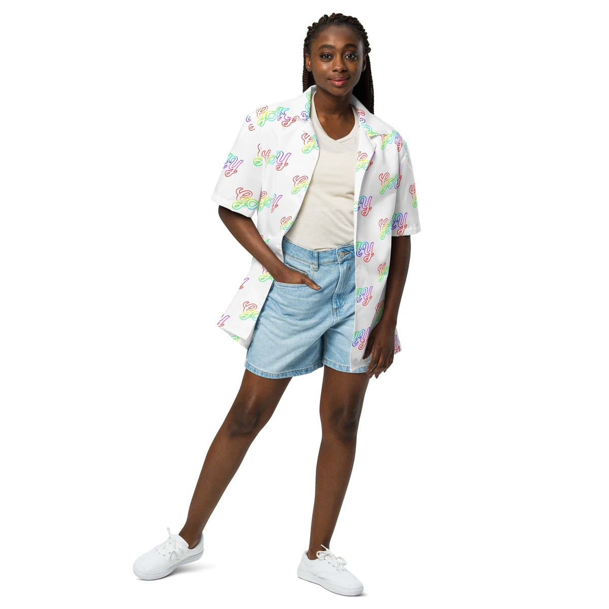White short-sleeve button shirt with repeating 'gay' script pattern, draped front