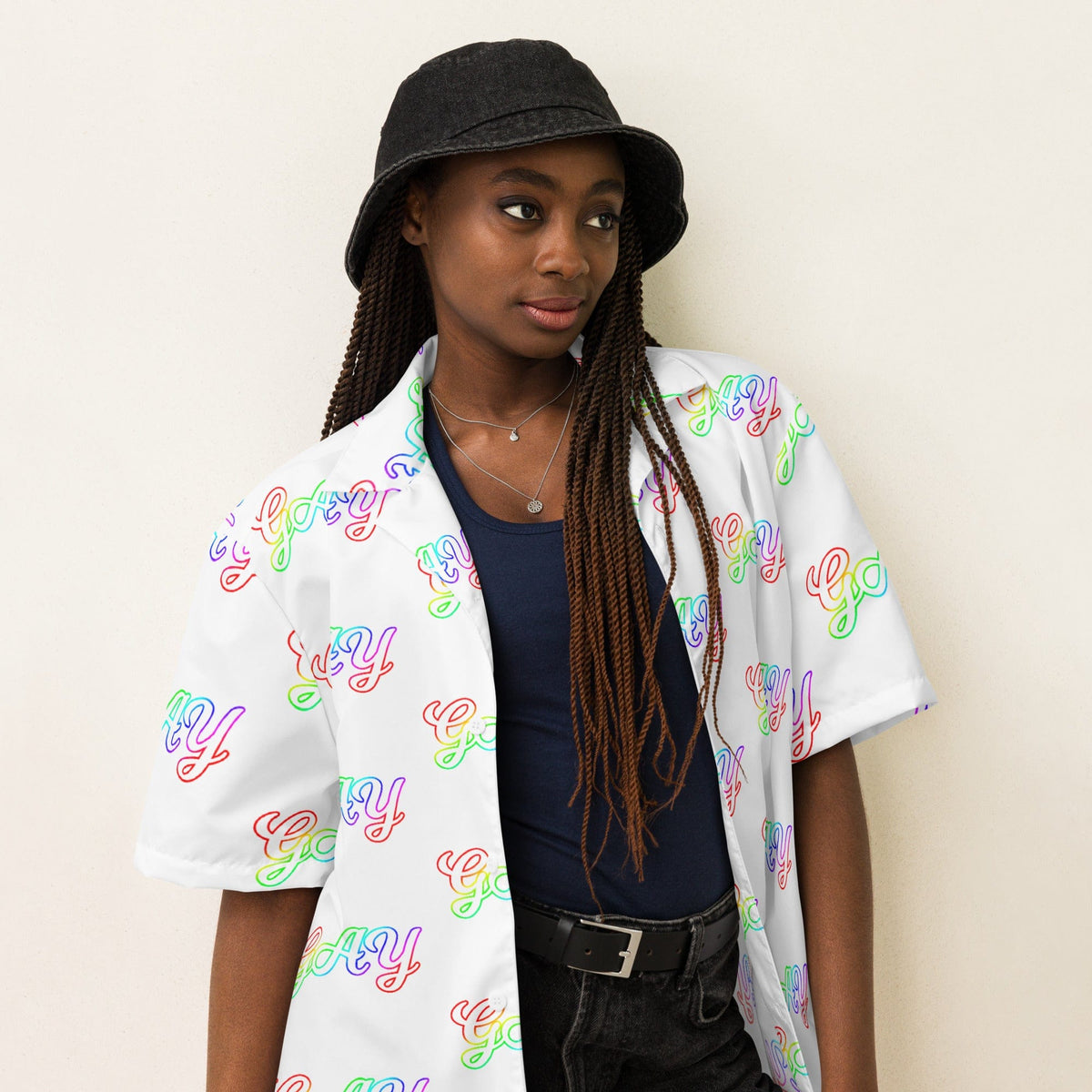 White short-sleeve button shirt with multicolor 'gay' script, open collar