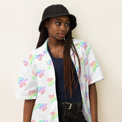 White short-sleeve button shirt with multicolor 'gay' script, open collar