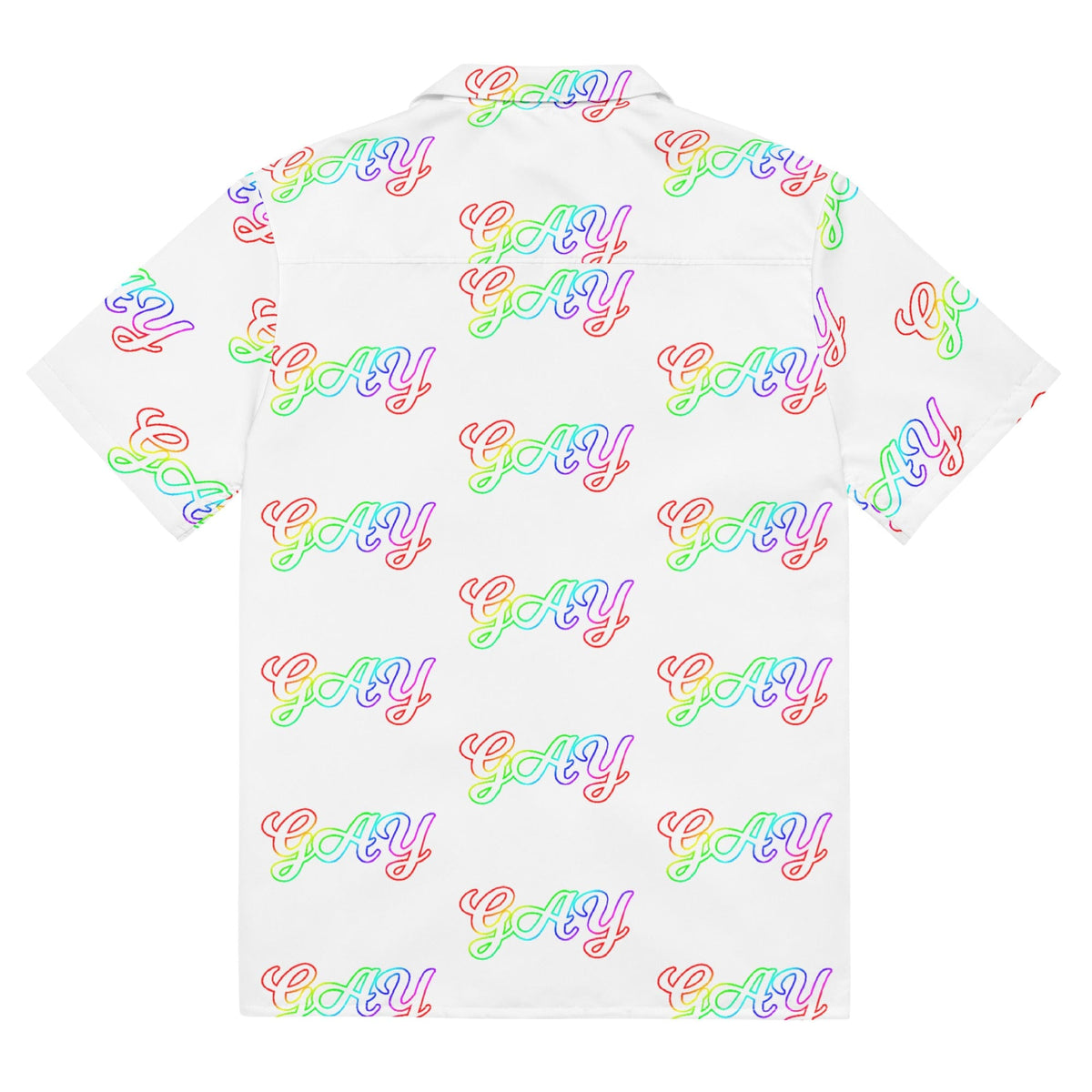 Unisex button shirt with multicolor 'Gay' repeat print on white background