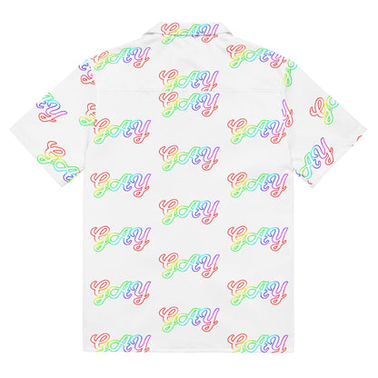 Unisex button shirt with multicolor 'Gay' repeat print on white background