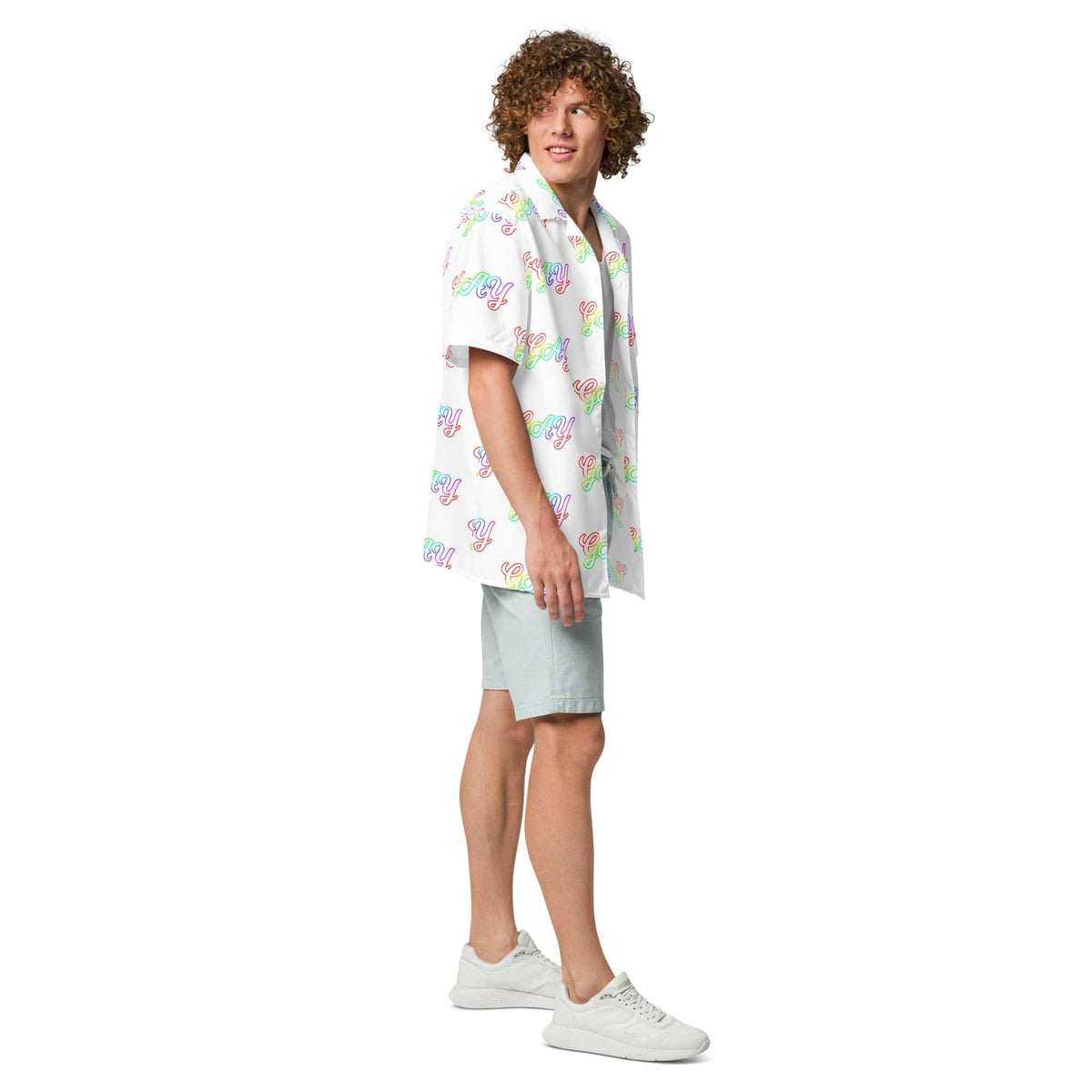 White short-sleeve button shirt with all-over 'gay' script pattern, side view
