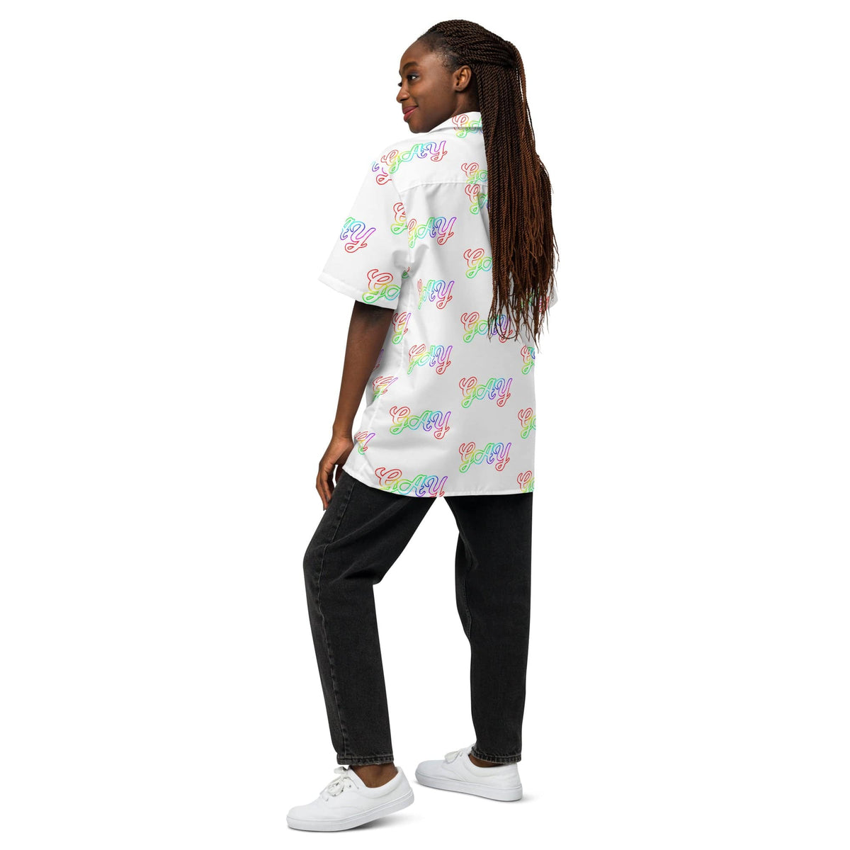 White short-sleeve button shirt with multicolor 'gay' script, side profile