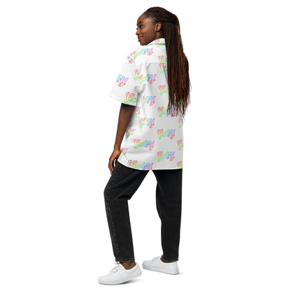 White short-sleeve button shirt with multicolor 'gay' script, side profile