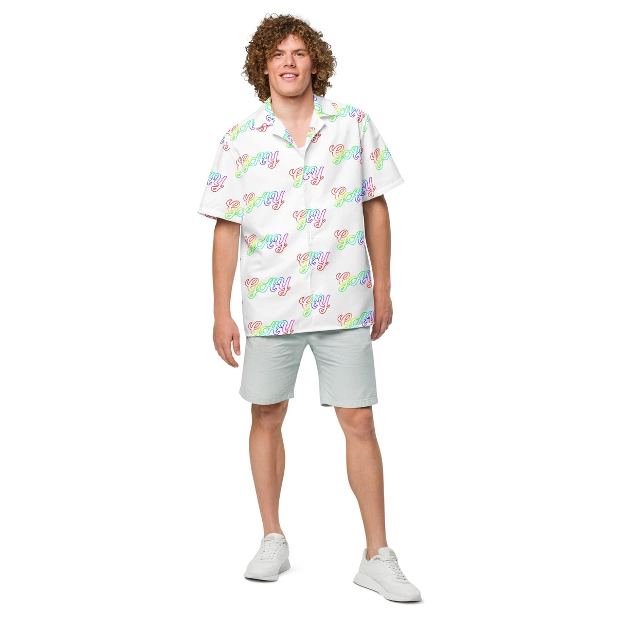 White short-sleeve button shirt with repeating 'gay' script in rainbow colors