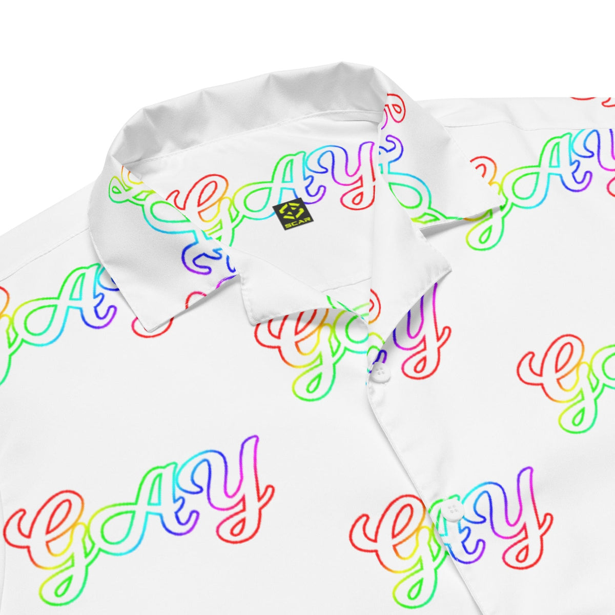 White shirt close-up with colorful 'gay' script logo print