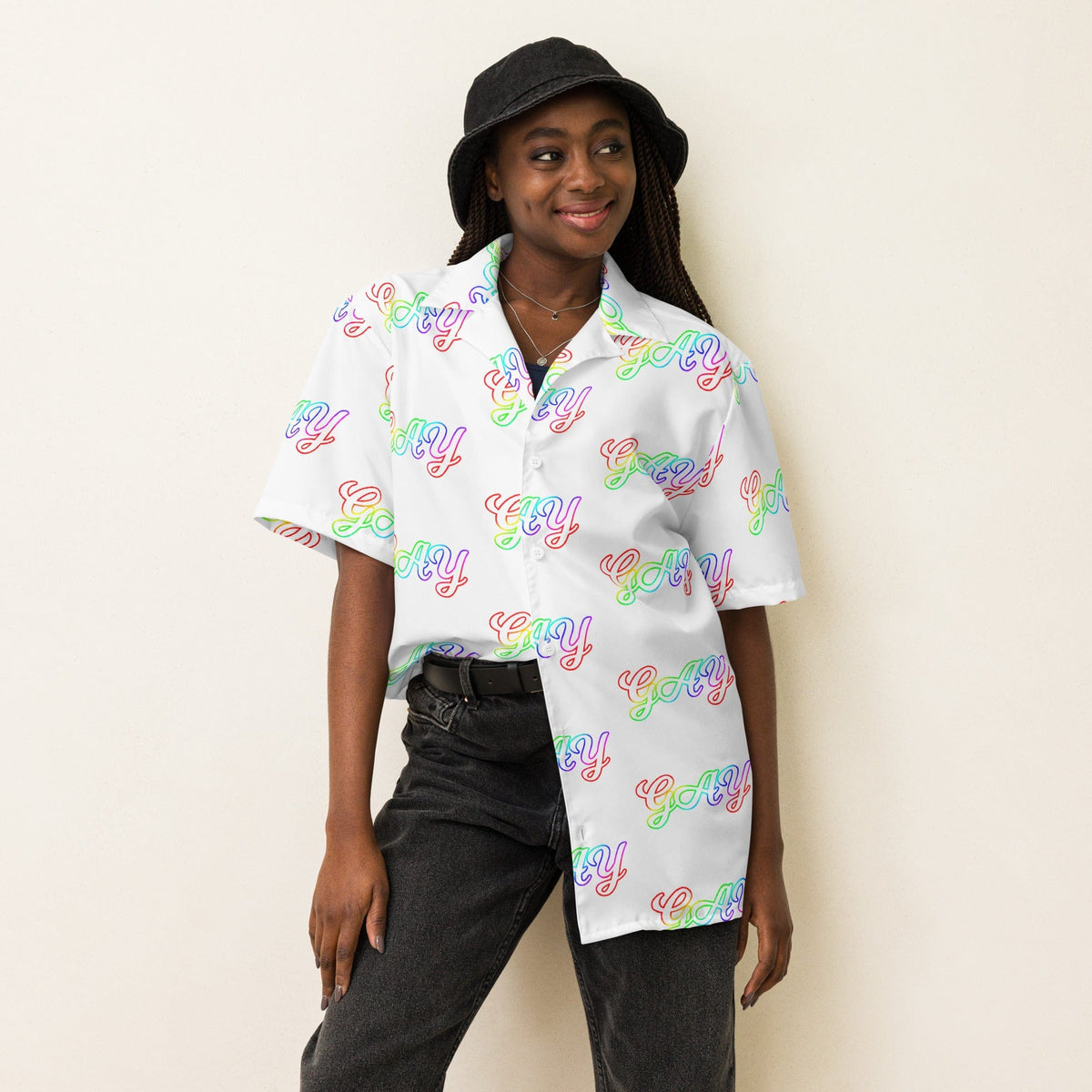 White short-sleeve button shirt with repeating 'gay' script pattern, front view