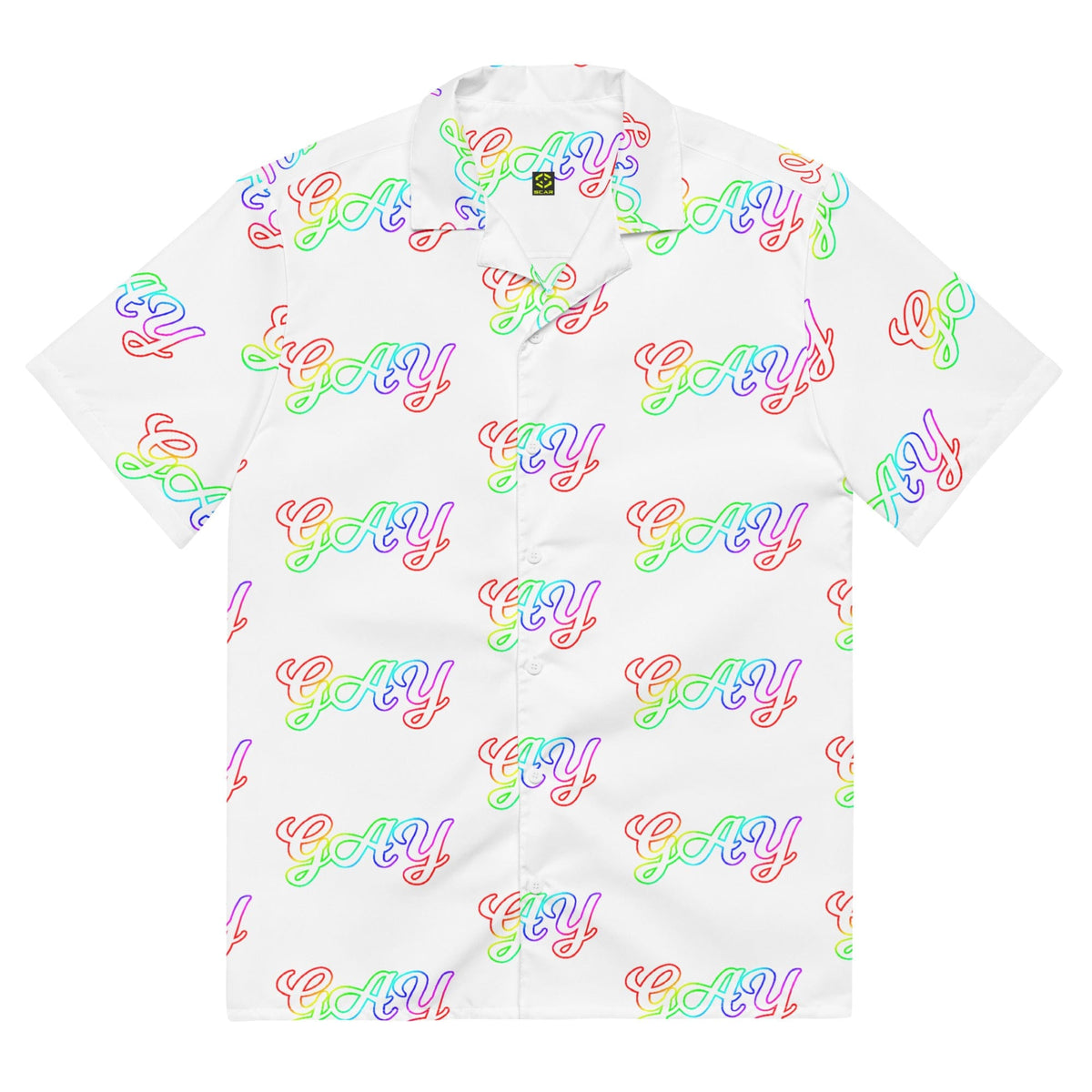 Unisex button shirt, white base with multicolor repeating 'Gay' pattern