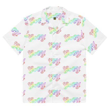Unisex button shirt, white base with multicolor repeating 'Gay' pattern
