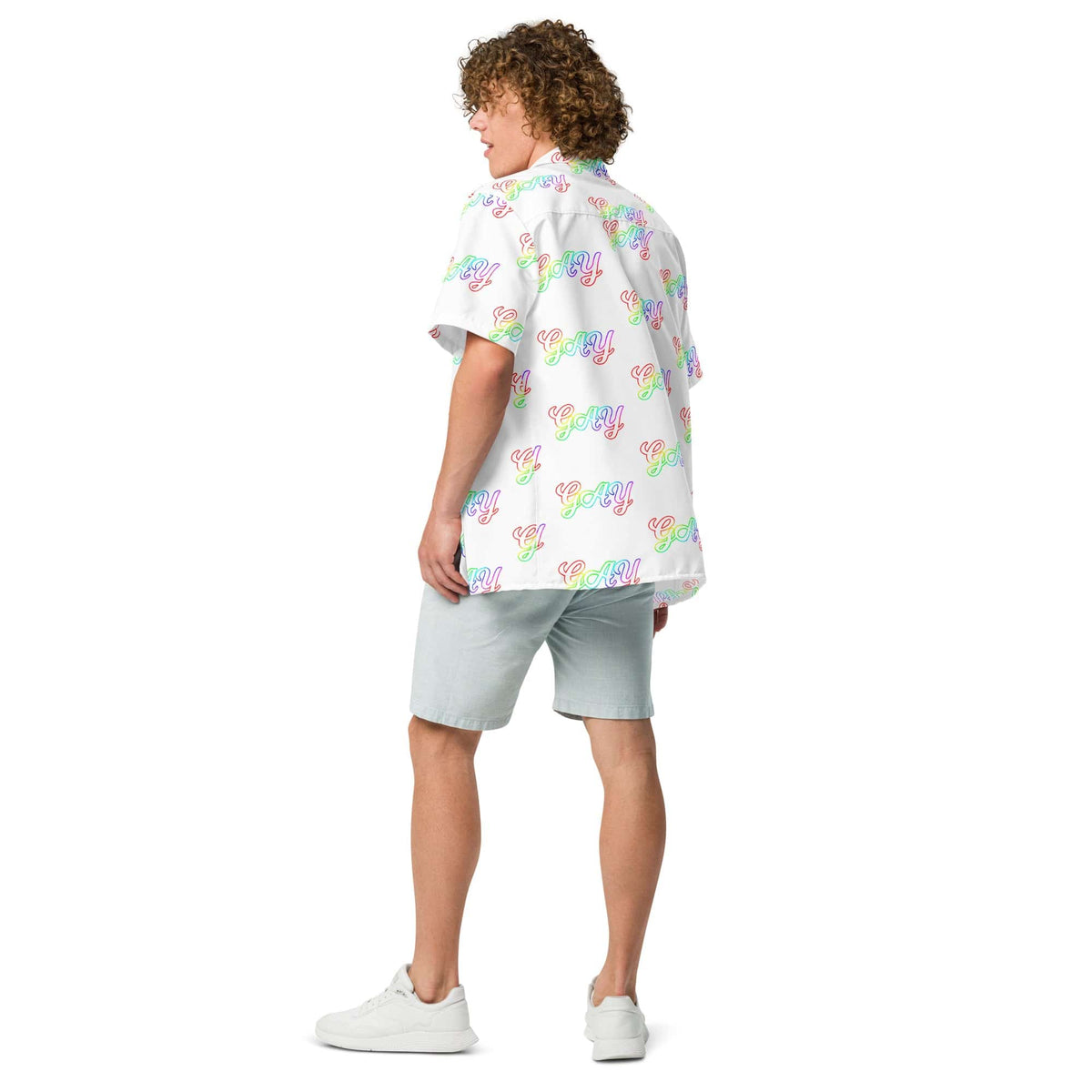 White short-sleeve button shirt with 'gay' script pattern, back and side view
