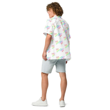 White short-sleeve button shirt with 'gay' script pattern, back and side view
