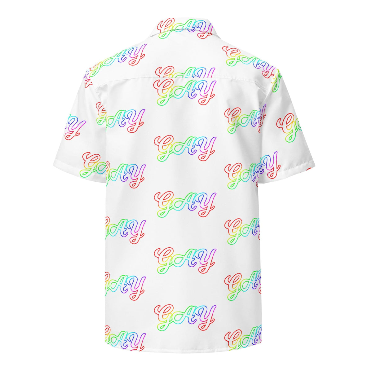 Unisex button shirt back view with multicolor 'Gay' repeat print on white
