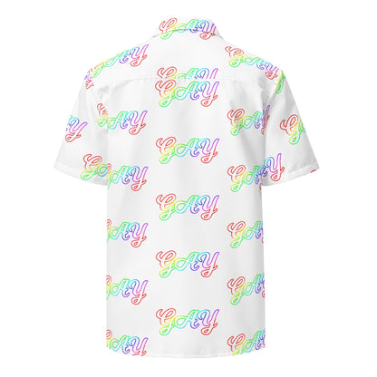 Unisex button shirt back view with multicolor 'Gay' repeat print on white