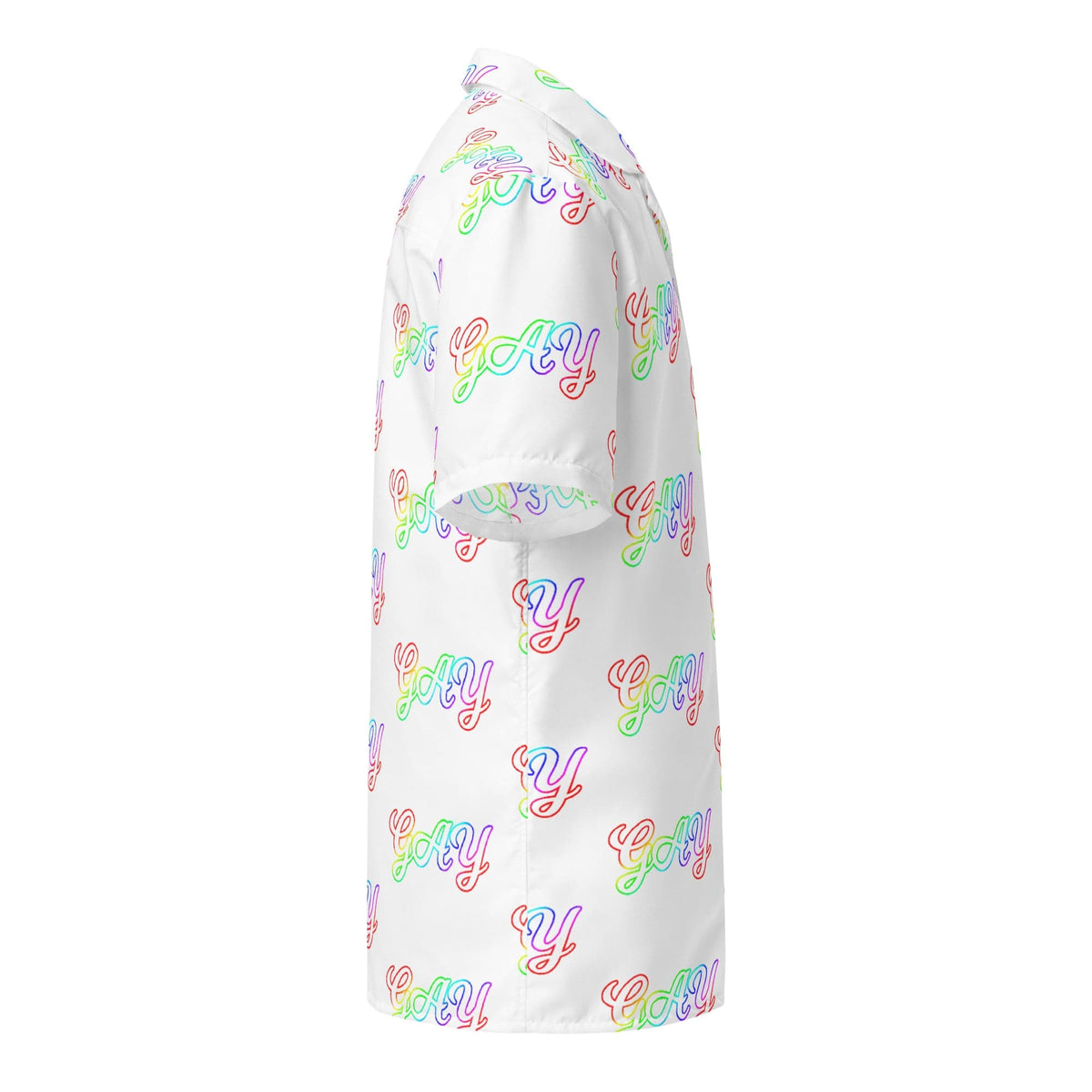 Unisex button shirt side view with multicolor 'Gay' repeat print on white