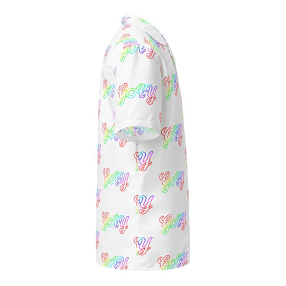 Unisex button shirt side view with multicolor 'Gay' repeat print on white