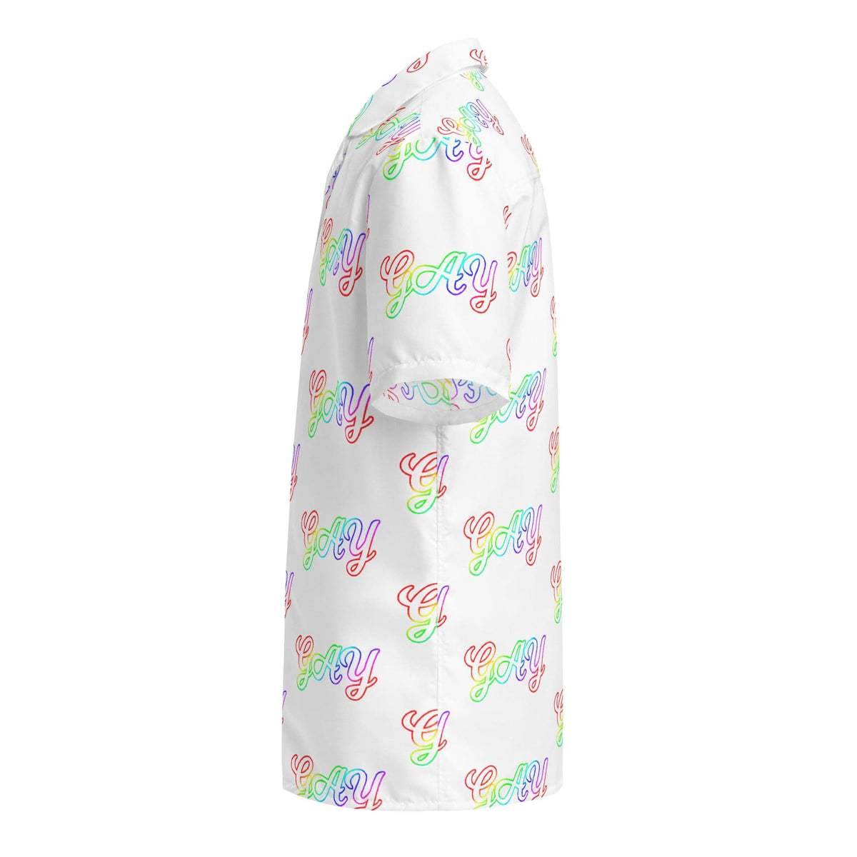 Unisex button shirt angled view with multicolor 'Gay' repeat print on white
