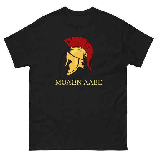 Black crew-neck T-shirt with Spartan helmet graphic and 'ΜΟΛΩΝ ΛΑΒΕ' text