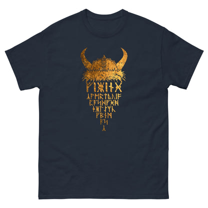 Navy T-shirt with gold Viking helmet front graphic