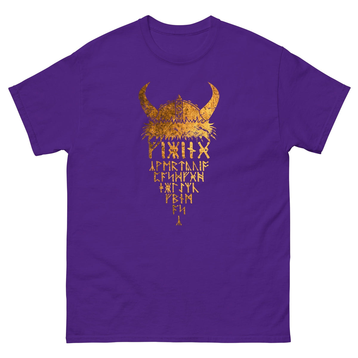 Purple T-shirt with gold Viking helmet front graphic
