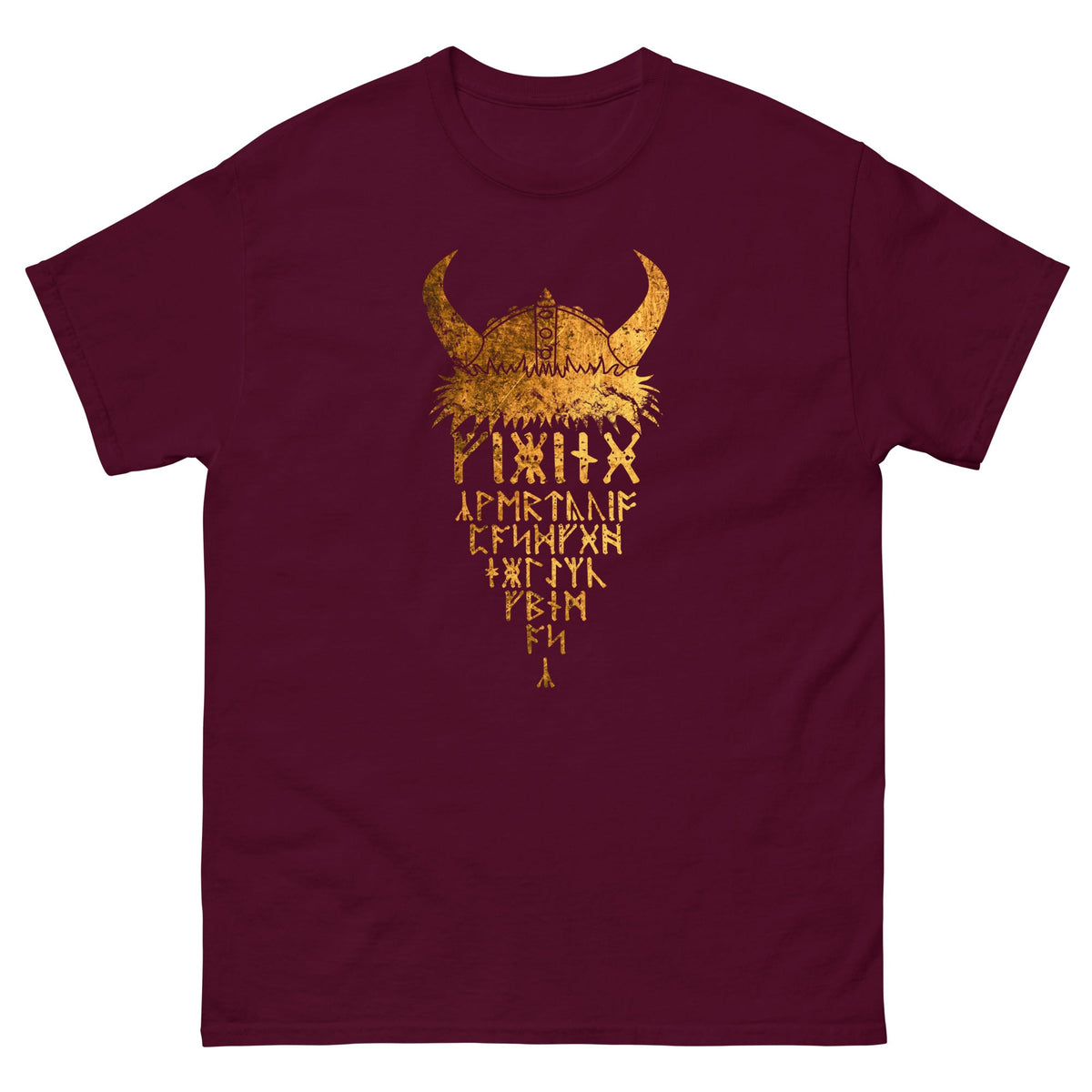 Maroon T-shirt with gold Viking helmet front graphic