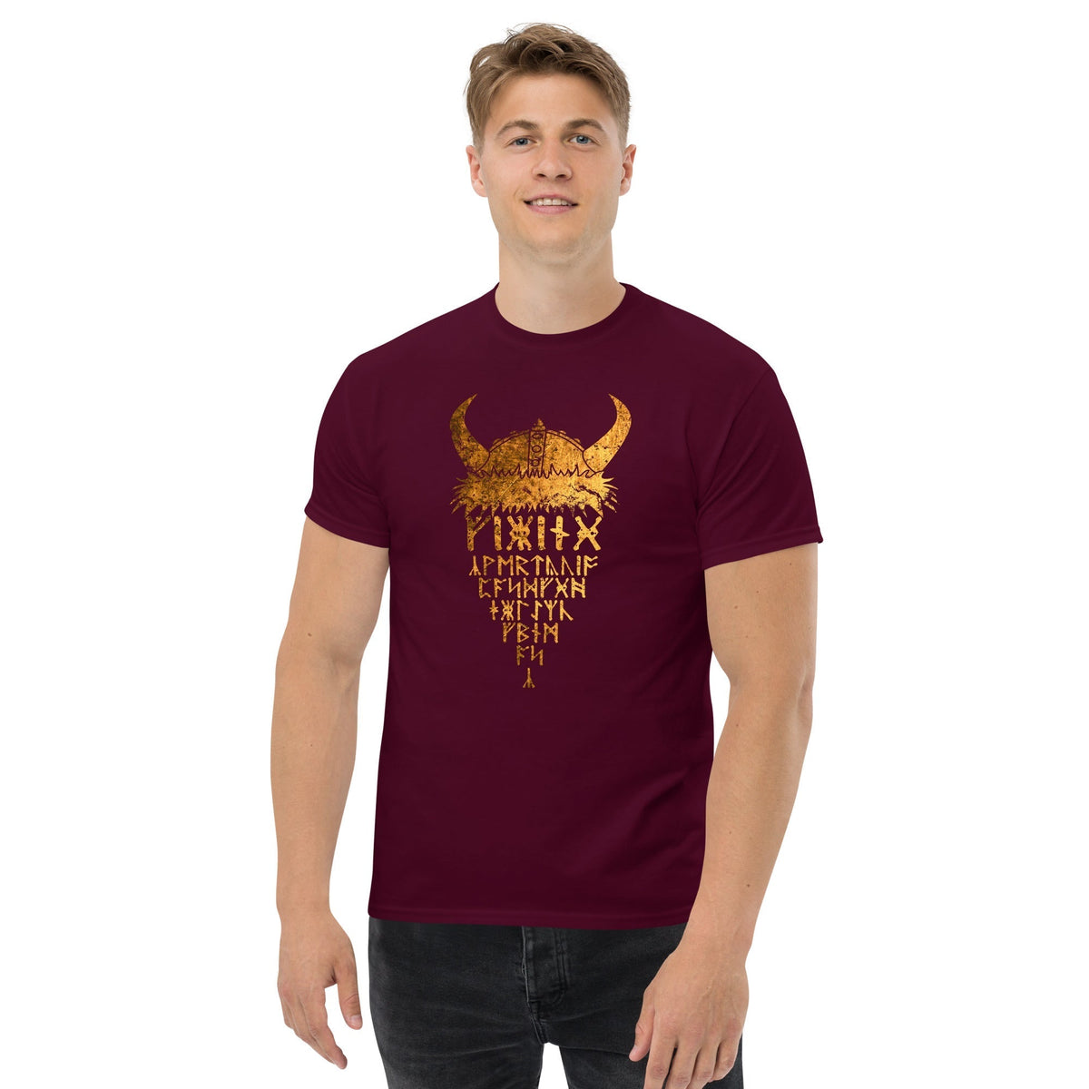Maroon T-shirt with gold Viking helmet front graphic