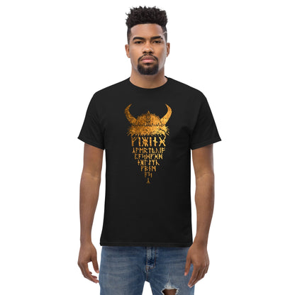 Black T-shirt worn by model, gold Viking helmet front graphic