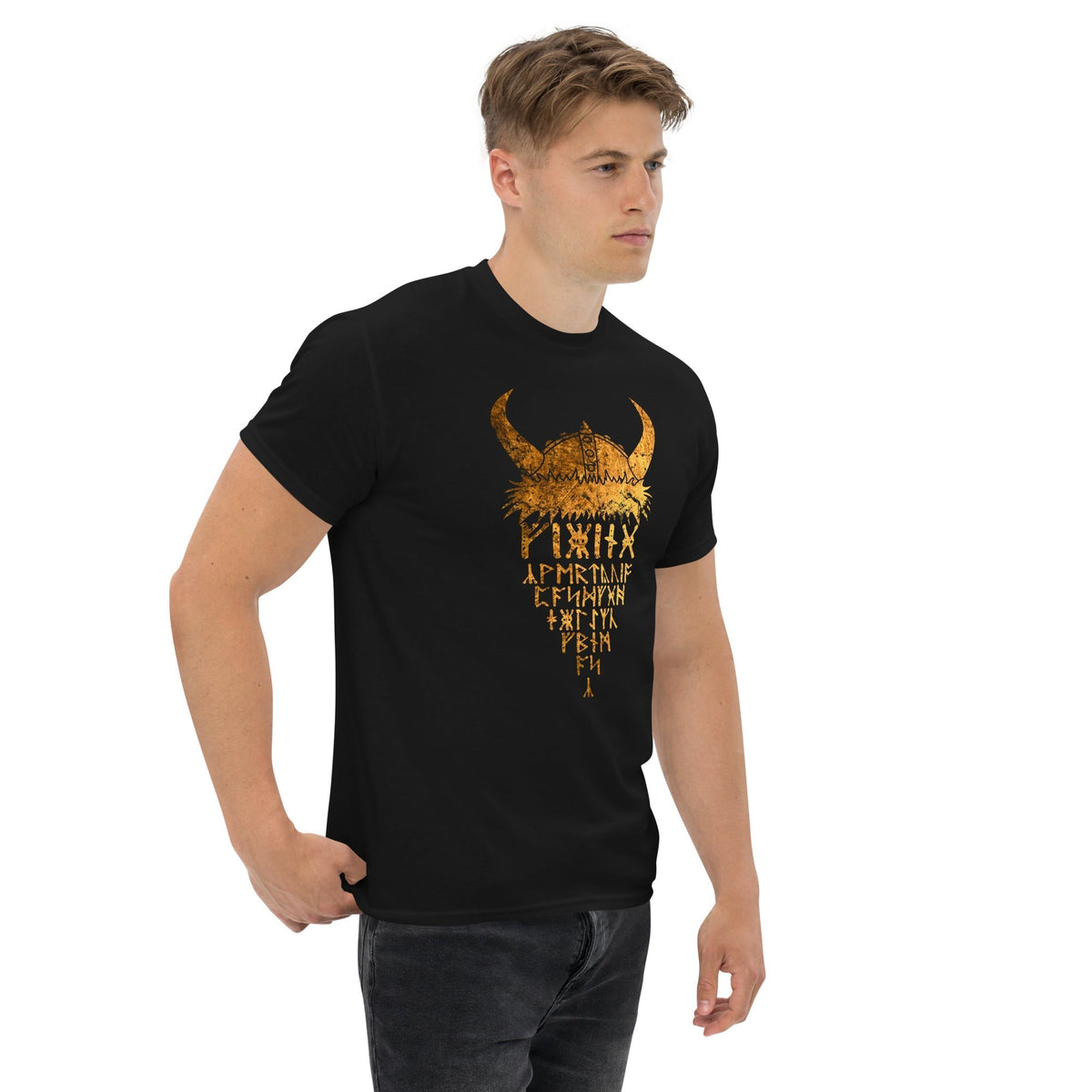 Black short-sleeve crew T-shirt with gold Viking helmet front graphic