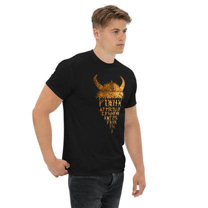 Black short-sleeve crew T-shirt with gold Viking helmet front graphic