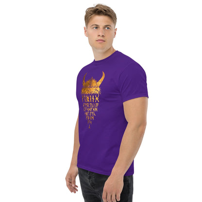 Purple T-shirt worn by model, gold Viking helmet front graphic