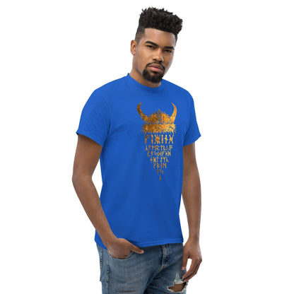 Blue T-shirt with gold Viking helmet front graphic