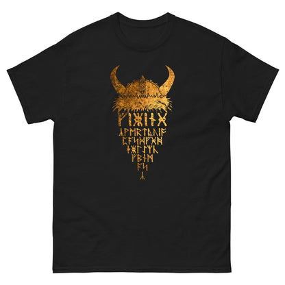 Black T-shirt with gold Viking helmet front graphic