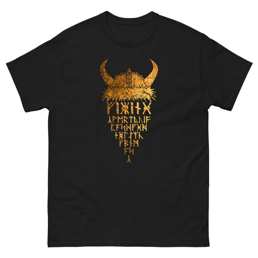Black T-shirt with gold Viking helmet front graphic