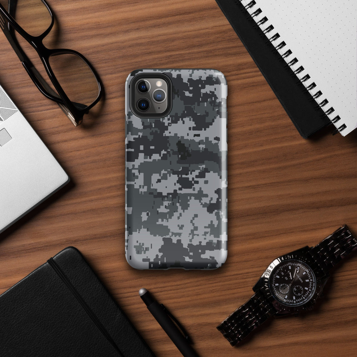 Gray digital camo iPhone tough case with raised camera bump and rugged border