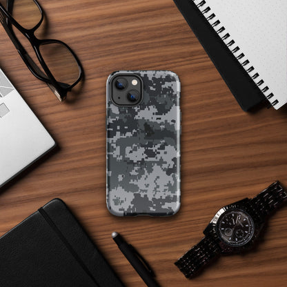 Gray digital camo protective phone case centered on the back with camera openings
