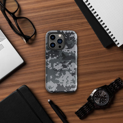 Gray digital camo Tough iPhone® case with raised camera cutouts