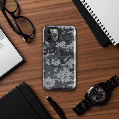 Gray digital camo phone case with triple camera cutout and rugged protective shell
