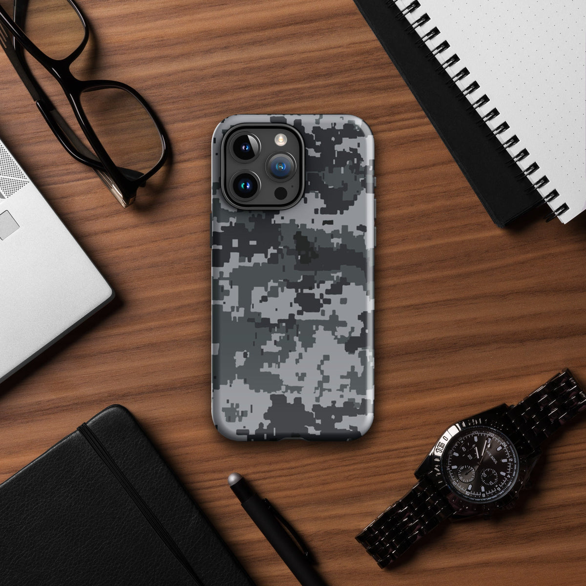 Gray digital camo Tough iPhone® case, back visible with camera corner raised