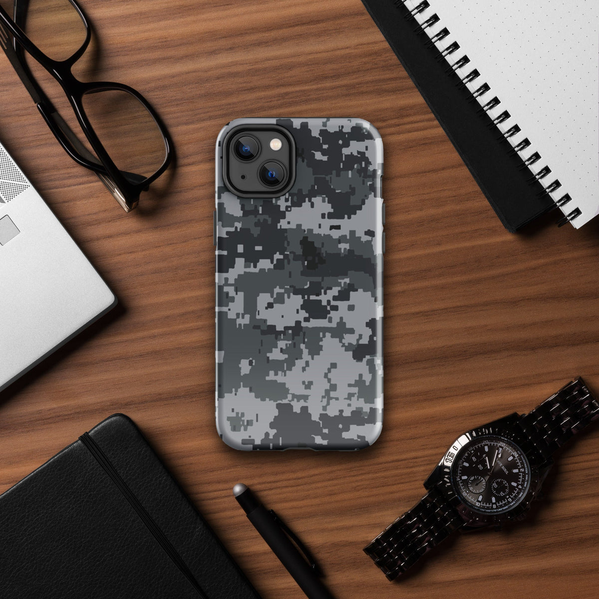 Gray digital camo protective phone case with raised camera rings on the back