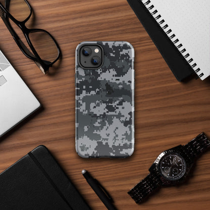 Gray digital camo protective phone case with raised camera rings on the back