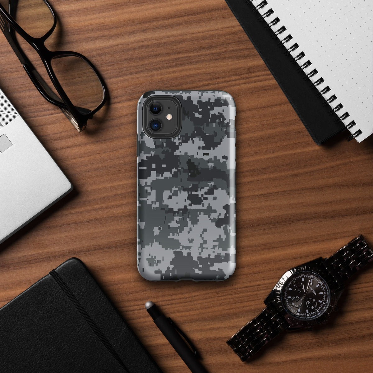 Gray digital camo iPhone tough case with raised camera bump, rugged edges