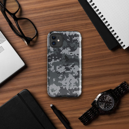 Gray digital camo iPhone tough case with raised camera bump, rugged edges